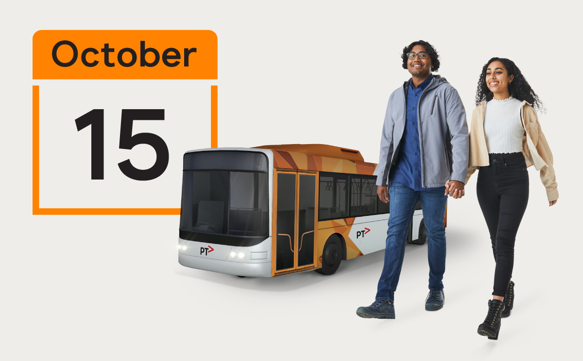 Man and woman walking with bus in background. Calendar icon displaying October 15.
