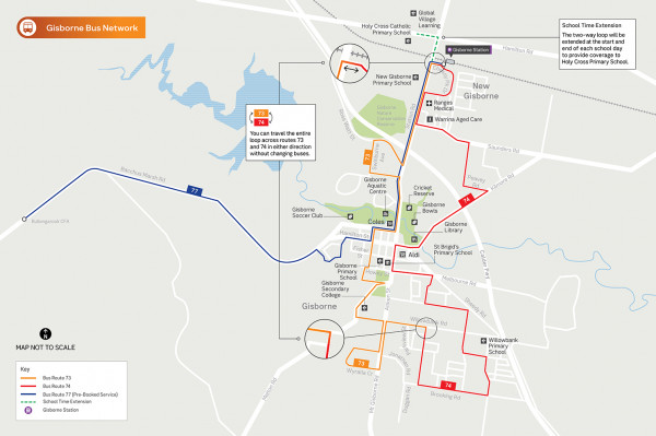 Map showing Route 73, 74 and 77 in the Gisborne area