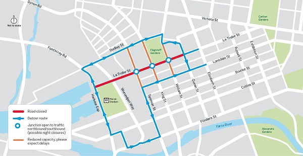 Image of map showing detour route for motorists during Latrobe Street tram stop works