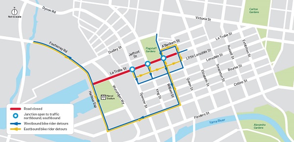 Image of map showing detour route for cyclists during Latrobe Street tram stop works
