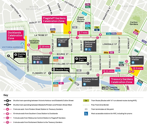 Image of map showing tram routes on Nrew Yaers Eve 2024