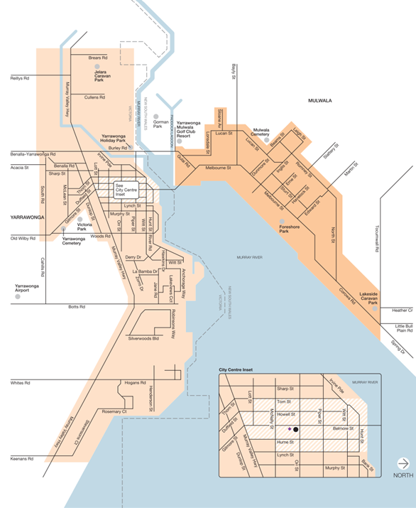 Image of map showing the map of Yarrawonga and Mulwala town centresreet tram stop works