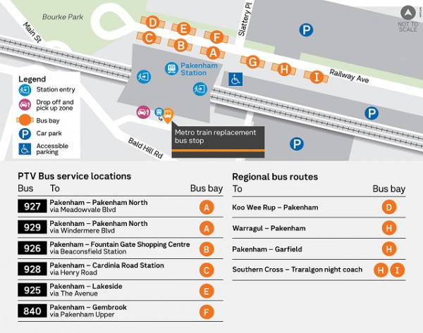 Image of New Pakenham bus interchange map. This map includes bus routes 927 929, 926, 928, 925, 840 and four regional routes bay locations. It also includes the station entry, drop off and pick up zones, car park and accessible parking.