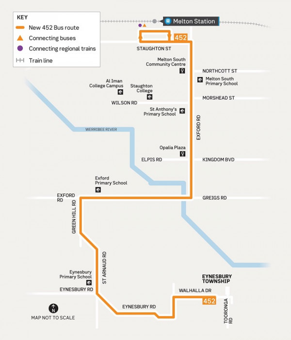 Image of map showing the bus route 452 in Eynesbury and Weir Views